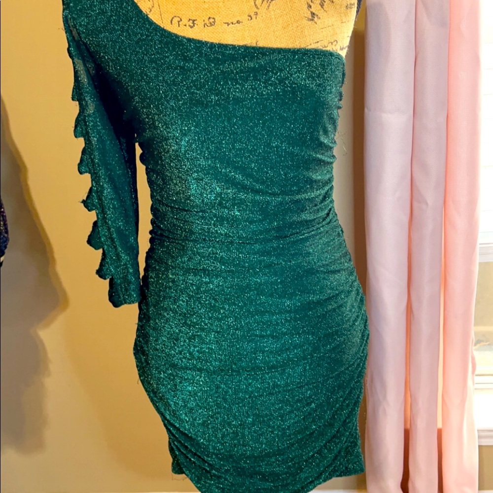 Charlotte Russe One Shoulder Glitter Green Dress Size L